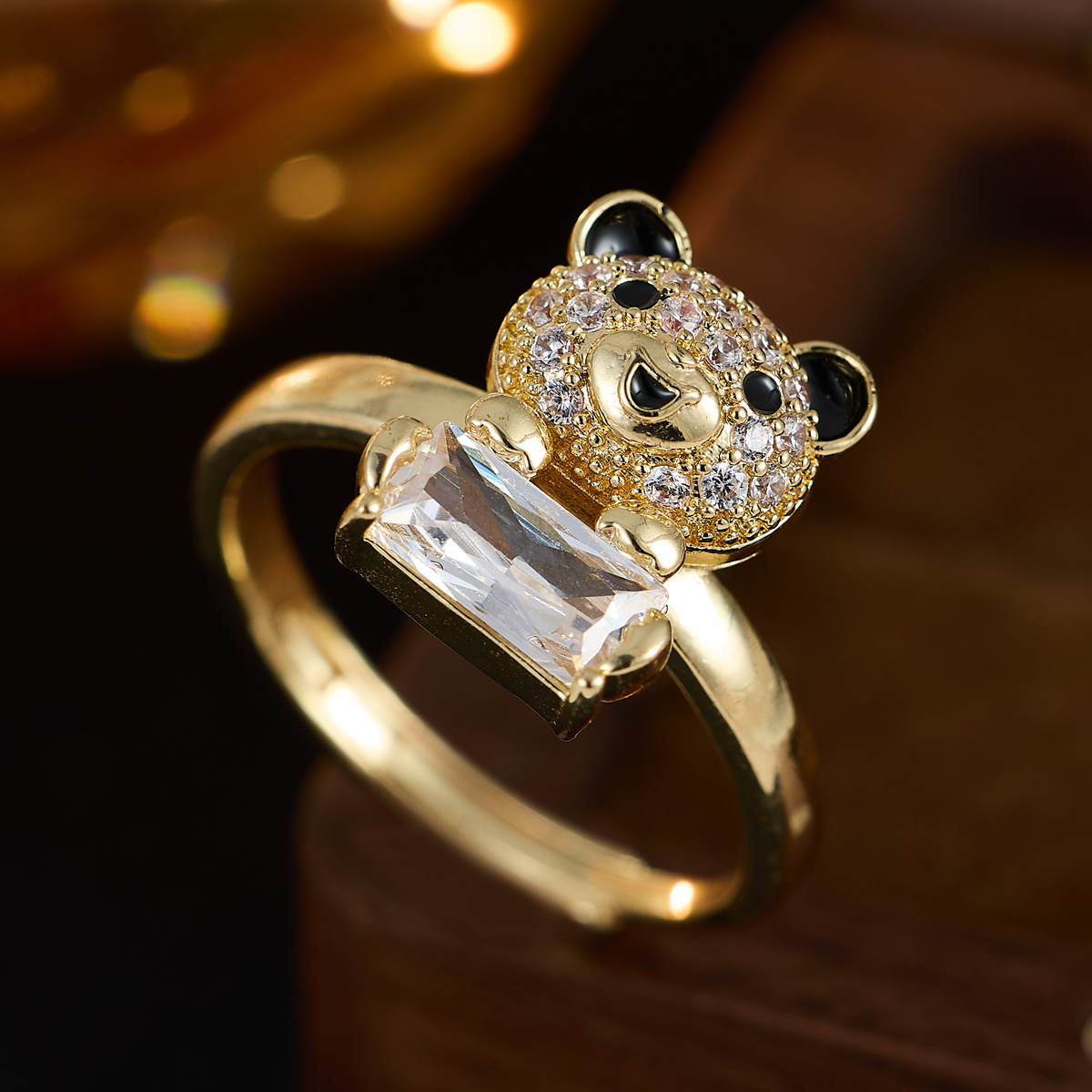 Minimalist Panda Open Ring with Synthetic Zirconia