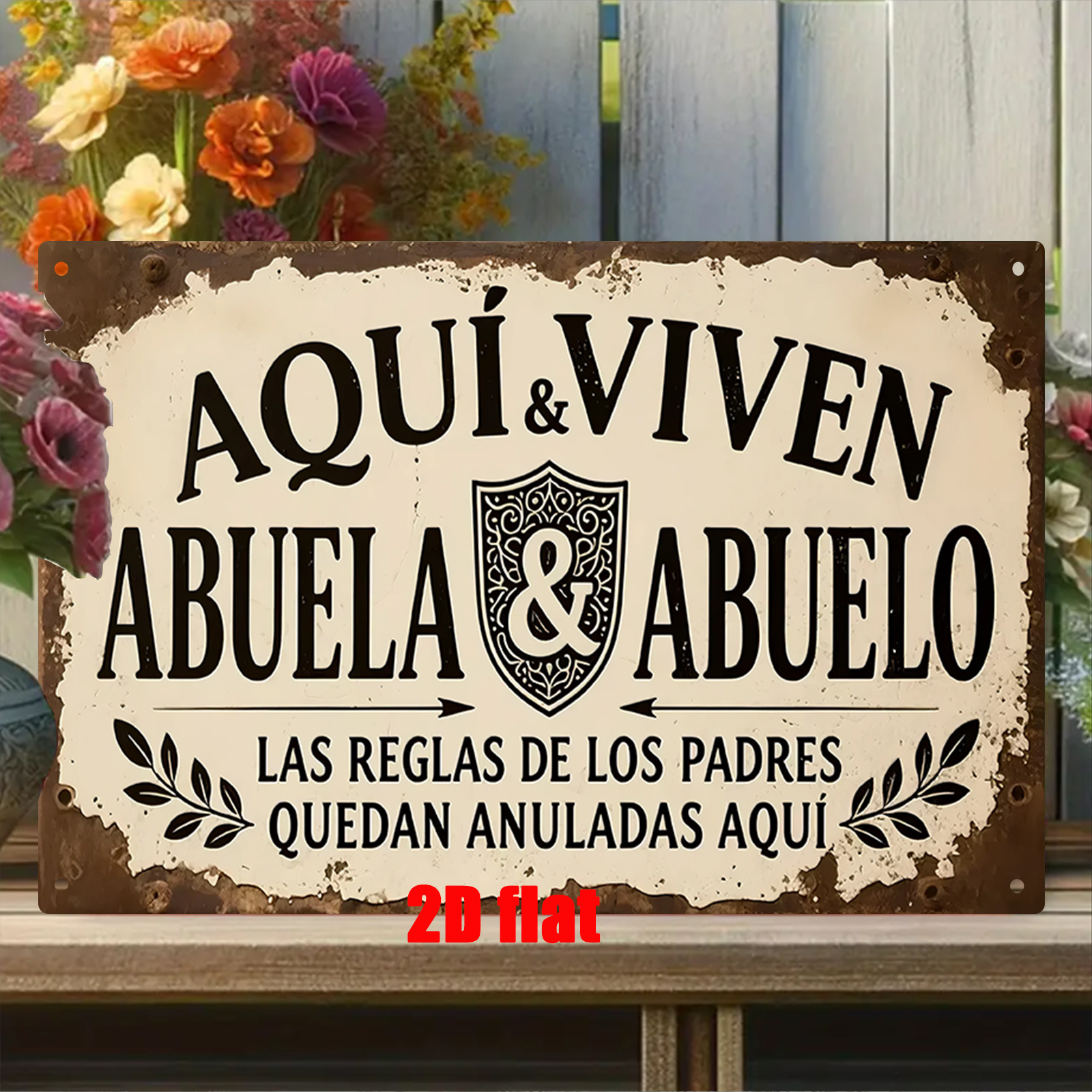 TEMU 2D, 1 pieza de letrero colgante de pared vintage español impreso en madera 2D | Placa de estilo con diseño "AQUÍ VIVEN Y ", adecuada para