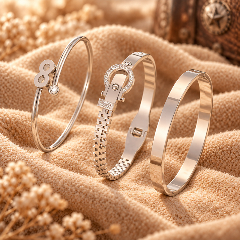 3pc Street Style Metal Bangle Set, Rhinestone & Infinity Design