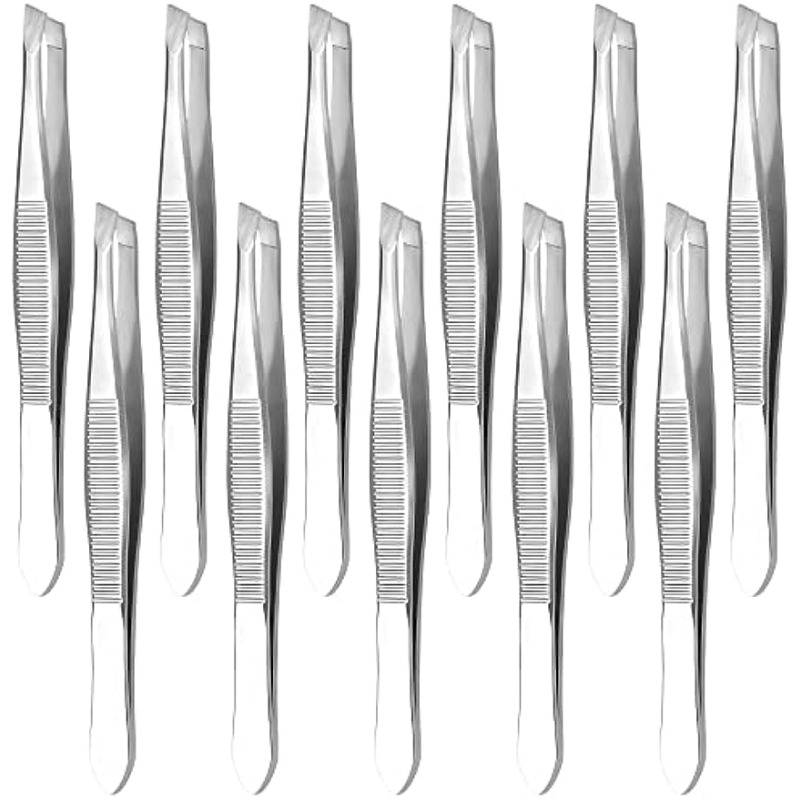 

12pcs Stainless Steel Tweezers Set - Precision Slant Tip For Eyebrows & Facial Hair, Ideal For