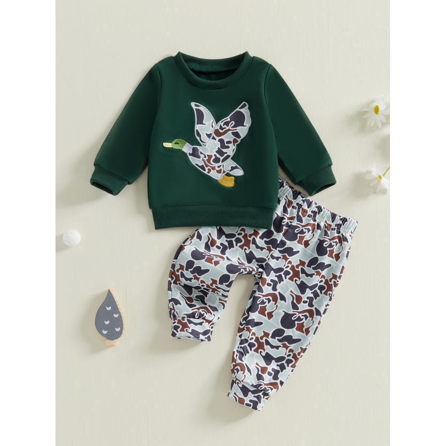 

Boy Autumn 2pcs Outfit Sets Long Sleeve Duck Embroidery Pullover Camouflage Pants Sets