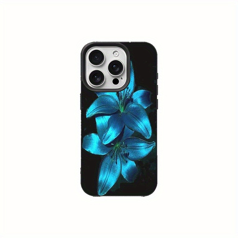 TEMU Phone Case - A Blue Luxurious Lily Flower Pattern Lychee Texture Phone Case Suitable For Iphone 17, 16, 15, 14, 13, 12, Pro . This Stylish And