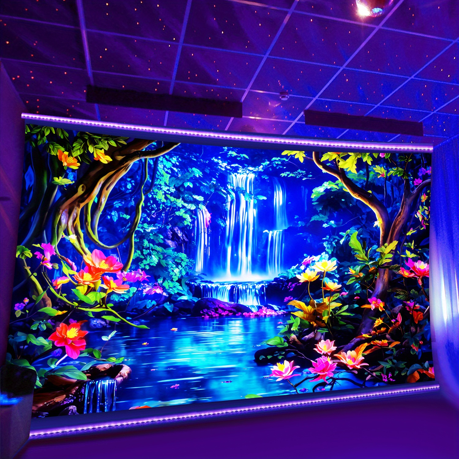 TEMU 1pc- Glow In The Uv Light- Vibrant Forest Waterfall Tapestry, Large Size Fluorescent Aesthetic Printing Tapestry, Bedroom Aesthetic Hanging