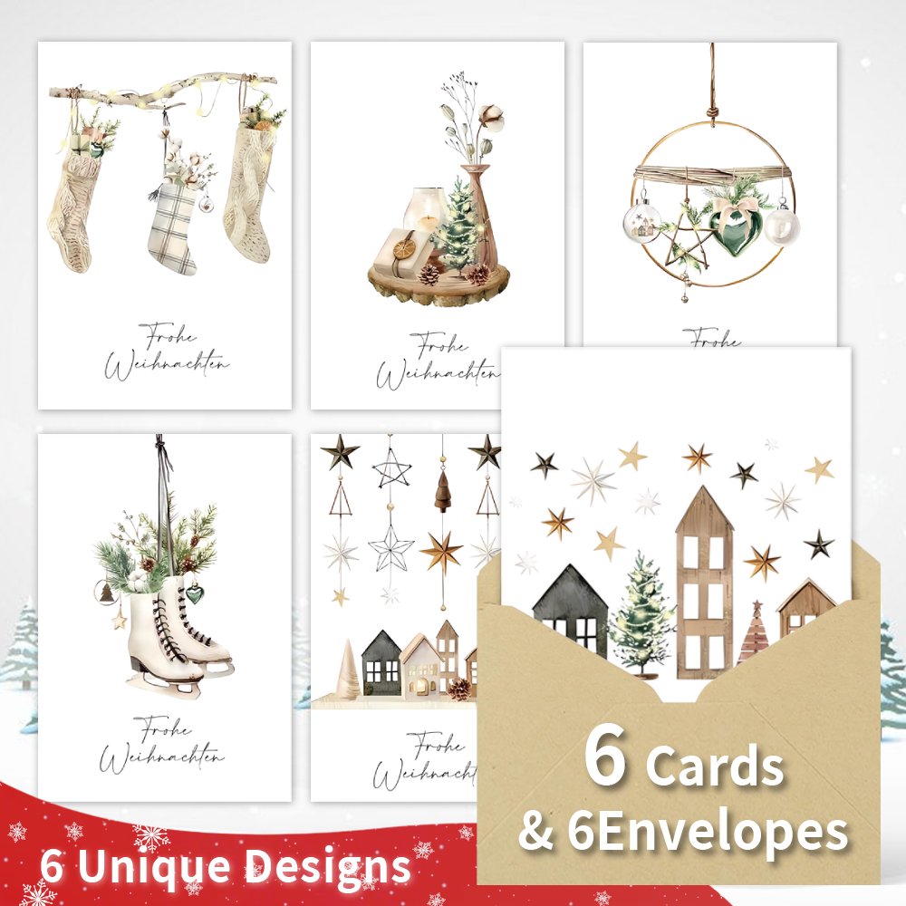 12pcs German Christmas Greeting Cards With Envelopes - German Language Cards Suitable For Family, , Coworkers - Bulk Holiday Cards For German Language & Cultural Exchange (12pcs)