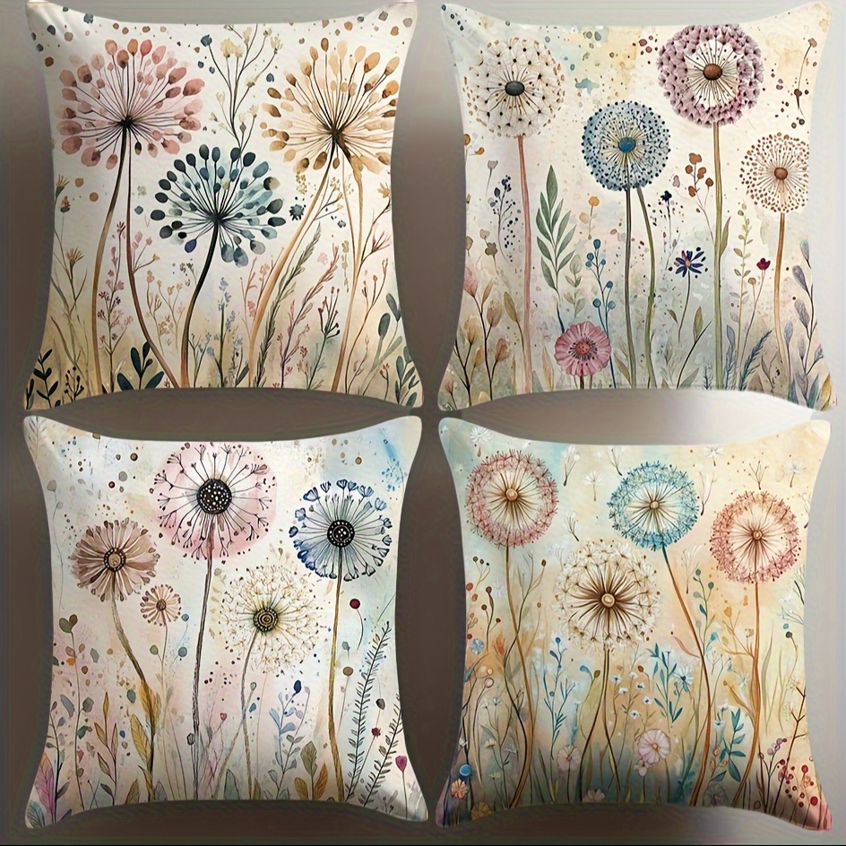 E-shop 4 Stück Rustikale Dekokissenbezüge, Löwenzahn-Blumenmuster mit Reißverschluss, Weich und Bequem, Einseitiges Design, Maschinenwaschbar,