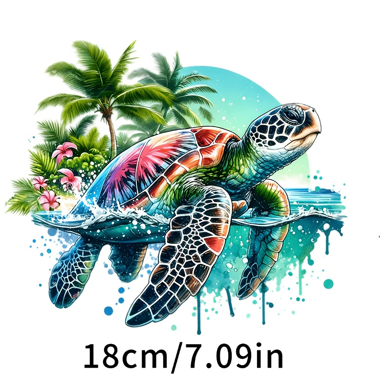 TEMU 3pcs Autocollants de Transfert Thermique Arbre de Coco et Tortue Colorée Lavables à Repasser, Adaptés pour T-Shirts, Sweat-shirts, Hoodies,