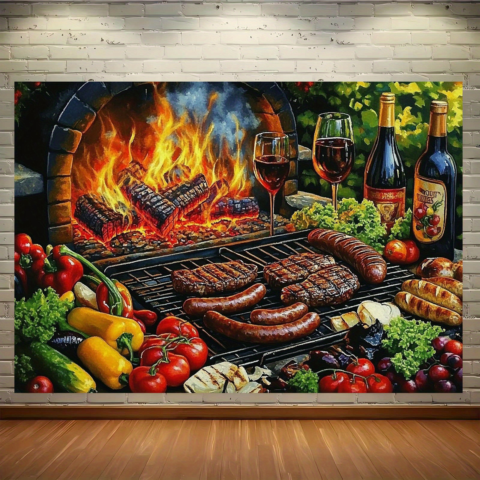 TEMU 2d Flat, 1pc Realistic Backdrop With Meats, Grilled Sausages, Burgers, Wine Glasses & - Durable Polyester Fabric Outdoor/ Decoration For