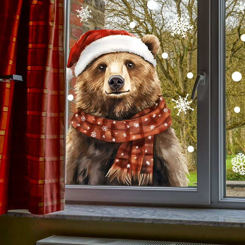 TEMU 2d Flat, 2d Flat Glass Sticker, Christmas Hat Brown Bear Scarf Snowflake Self-adhesive Static Window Decal, High Quality And Residue-free