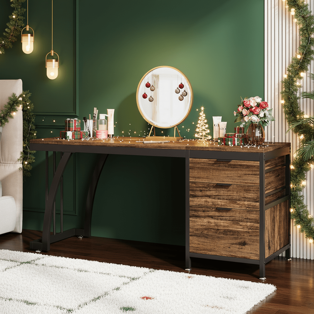 Vanity Table Featuring 3 Drawers, A 59-inch Design With Reversible Drawers, An Industrial-style Workstation For Storing For Cosmetics And Additions, Finished In Rustic Brown