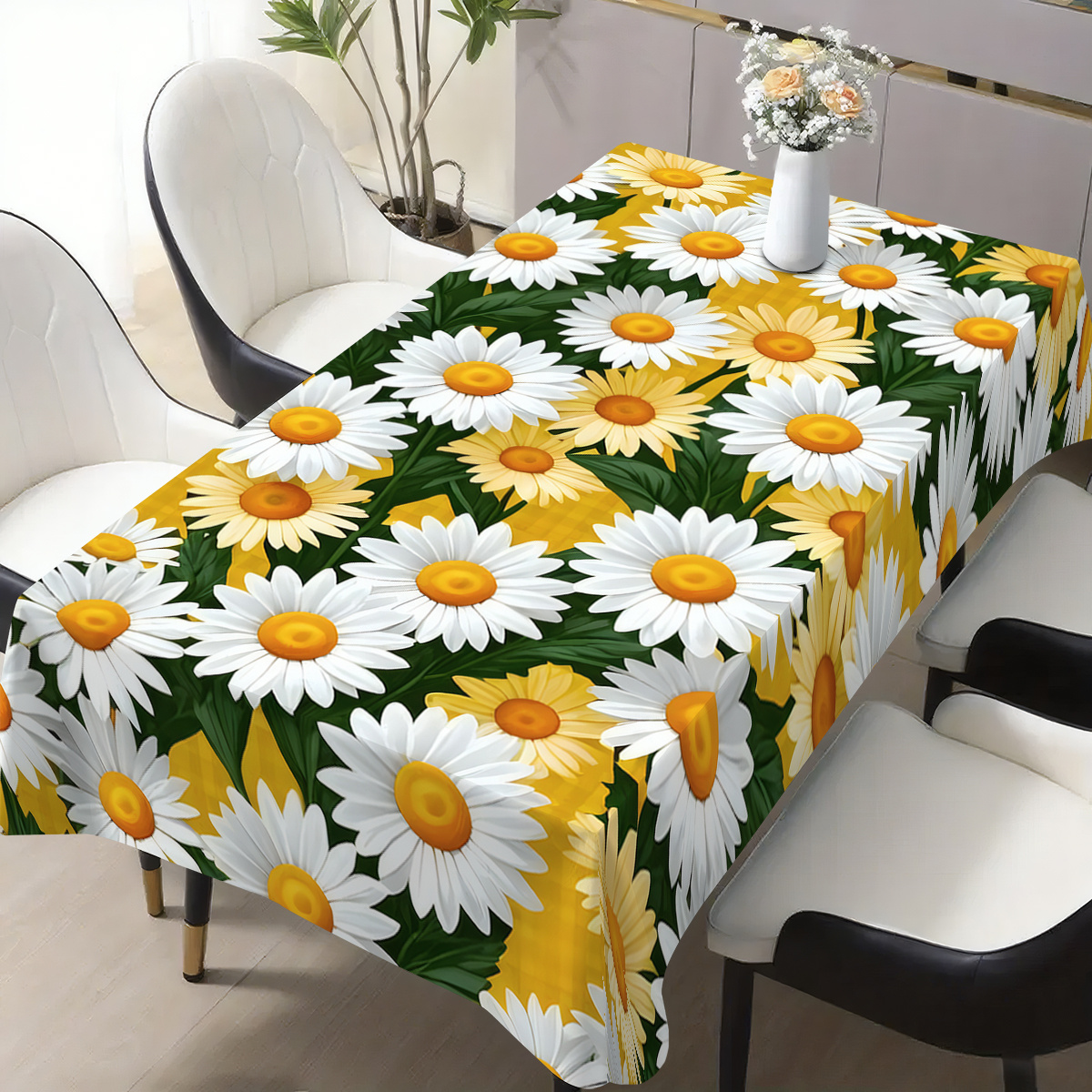 TEMU 1pc And White Daisy Pattern Printed Foldable Easy-to-store Table Cover, Suitable For Kitchen, Dining Room, Festivals, Parties, Used As A Holiday