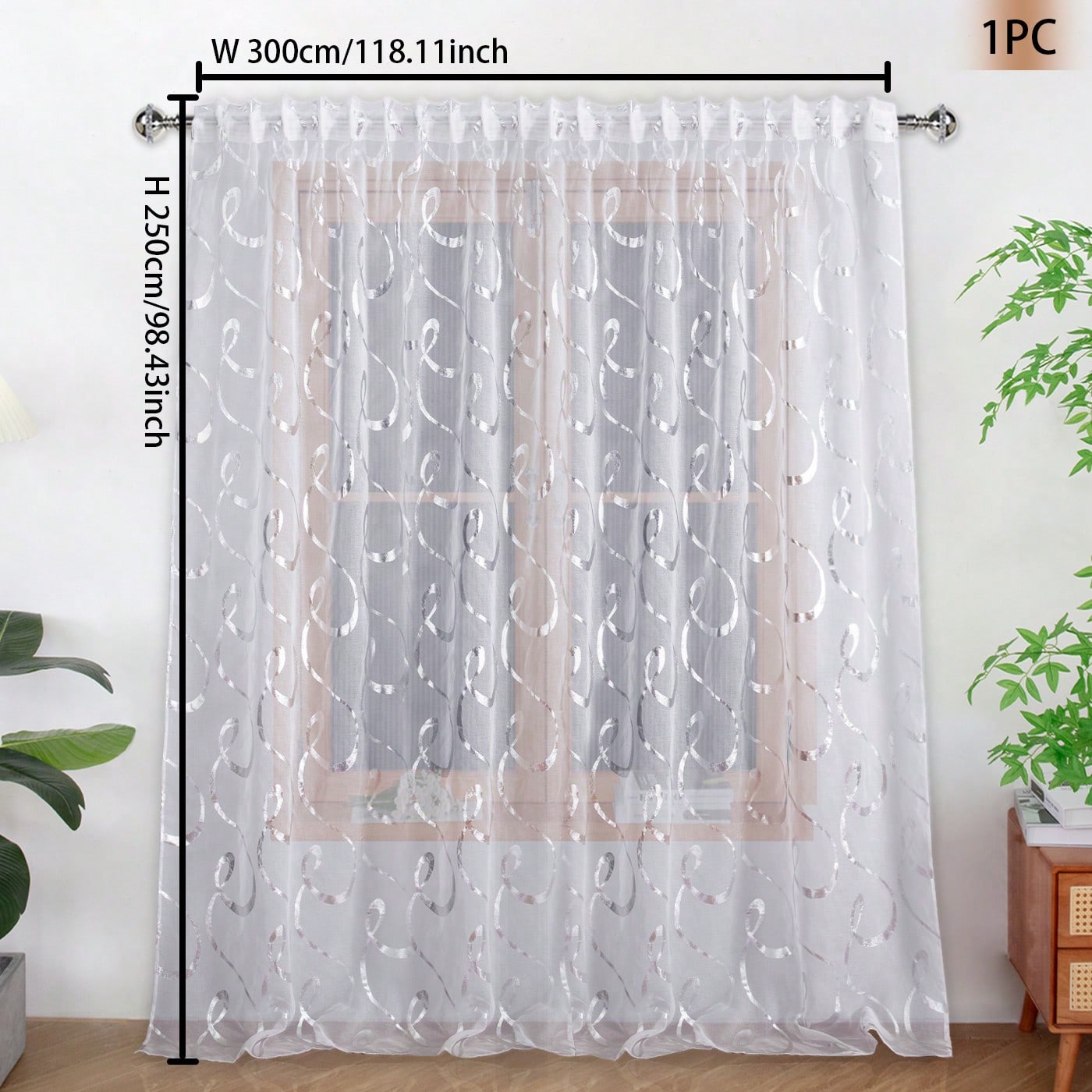 Image of 1pc Of Silver Vortex Patterned Chiffon Curtain, Pole Bag Style Easy To Hang Curtain, Suitable For Bedroom, Living Room, Balcony Decoration, Warm Housewarming Gift