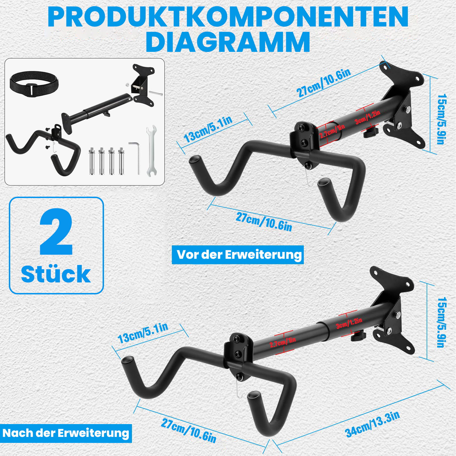 2pcs Mountain Bike Specific Indoor Metal Folding Bike Rack With Wall Hook Telescopic Adjustment Design Bicycle Wall Mount Foldable And Adjustable Wall Hook