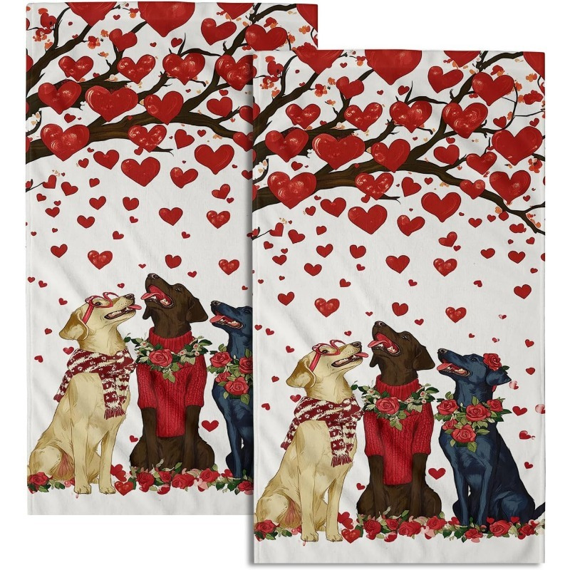 

2pcs Hand Towels, Super Polyester, Modern Cartoon Puppy With & Rose Flowers, Machine Washable, For Home, Hotel, Spa