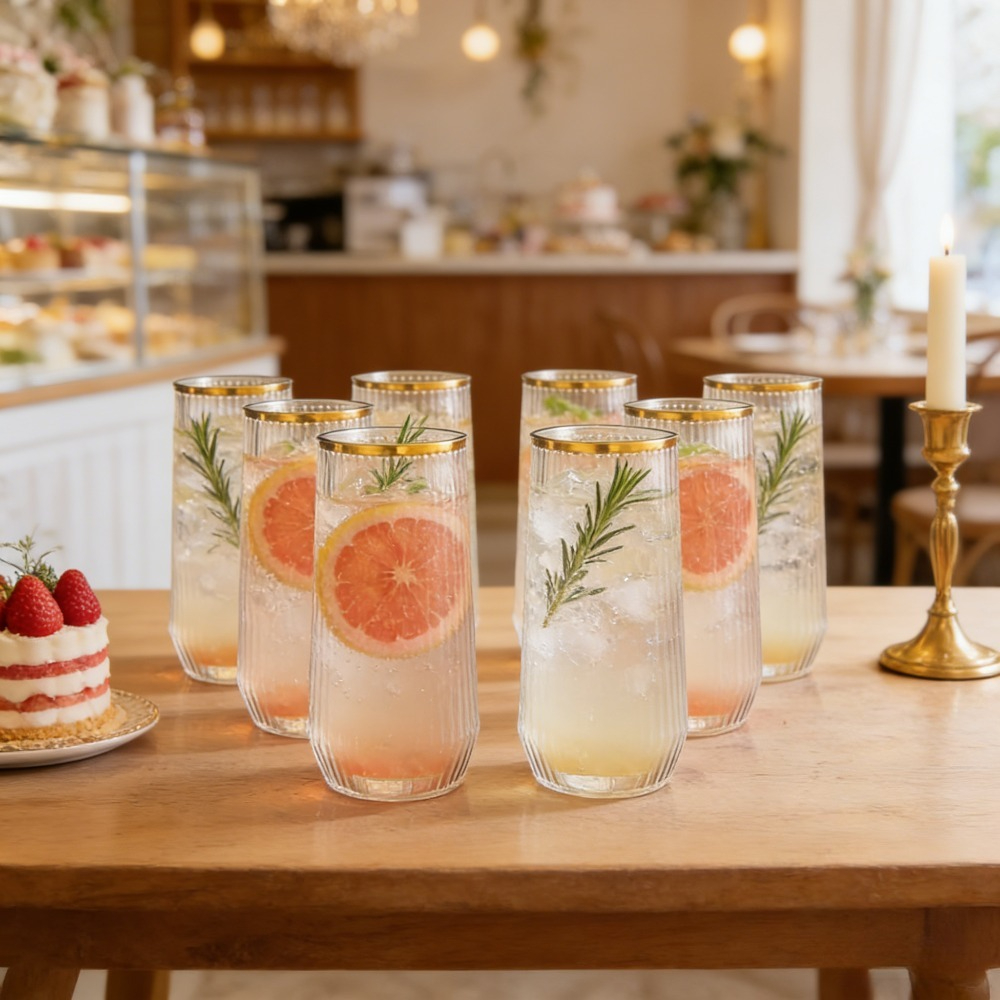 Juego de 8 copas de vino sin pie elegantes de 9 oz para Año Nuevo, con borde dorado transparente, vasos para helado, copas de champán con borde dorado, copas de cóctel transparente irrotables, adecuadas para bodas, Día de San Valentín, fiestas de Año Nuevo, cumpleaños, fiestas y celebraciones