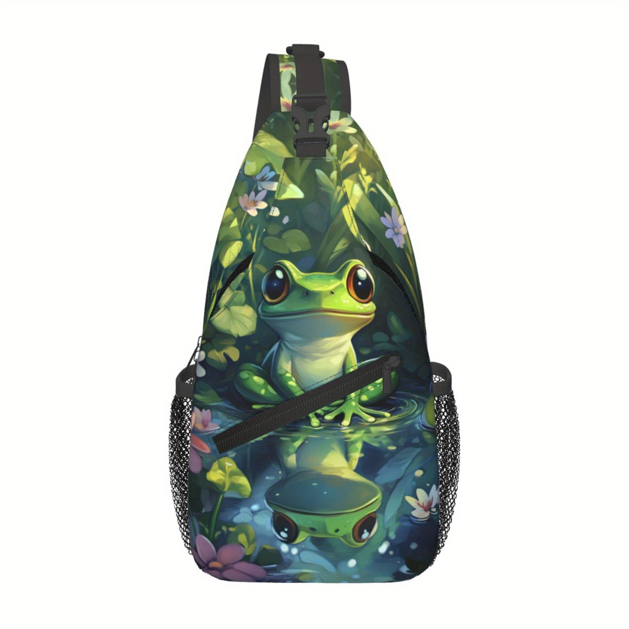 TEMU 1pc Stylish Cartoon Frog Print Chest Bag - Durable Polyester, Adorable Design With Water Lily Pads & Flowers, Versatile Crossbody For Travel &