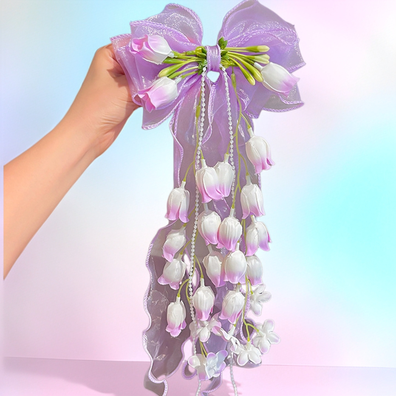 TEMU 1pc Large Tulle Bow Hair Accessory With Long Ribbon Tail - Spring Organza Hair Clip, Bohemian Style Wedding Hairpiece In Pink, Yellow, Blue,