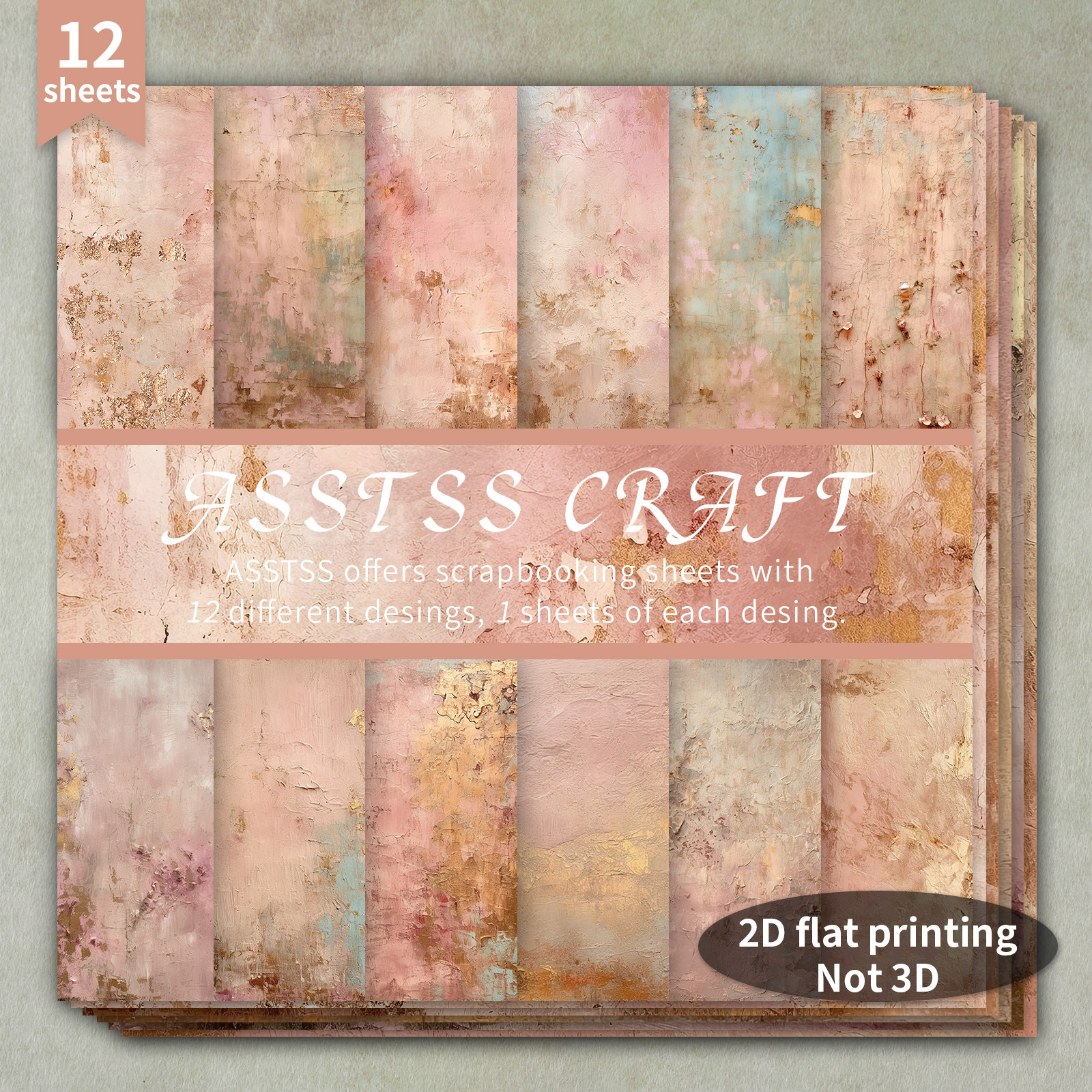 TEMU 12-sheet Asstss Heavyweight Scrapbooking Paper Pad Suitable For Journaling, Collage Art & Crafts - Pink-golden Vintage Distressed Luxury