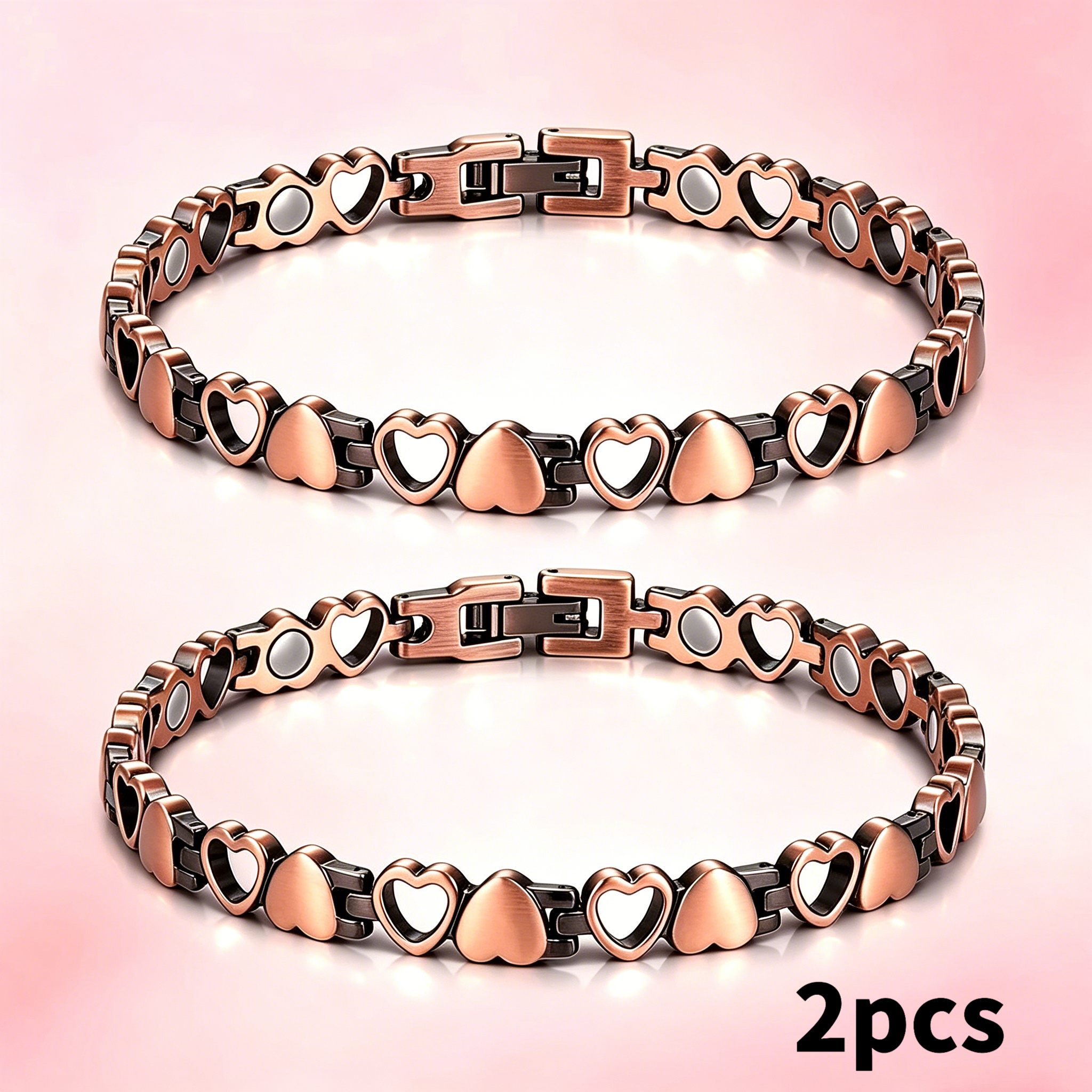 TEMU 2pcs Heart-shaped Rose Golden Plated Magnetic Clasp Copper Bracelet Set, Contains 99.99% Pure Copper, Nickel-free Material, Bohemian Vintage