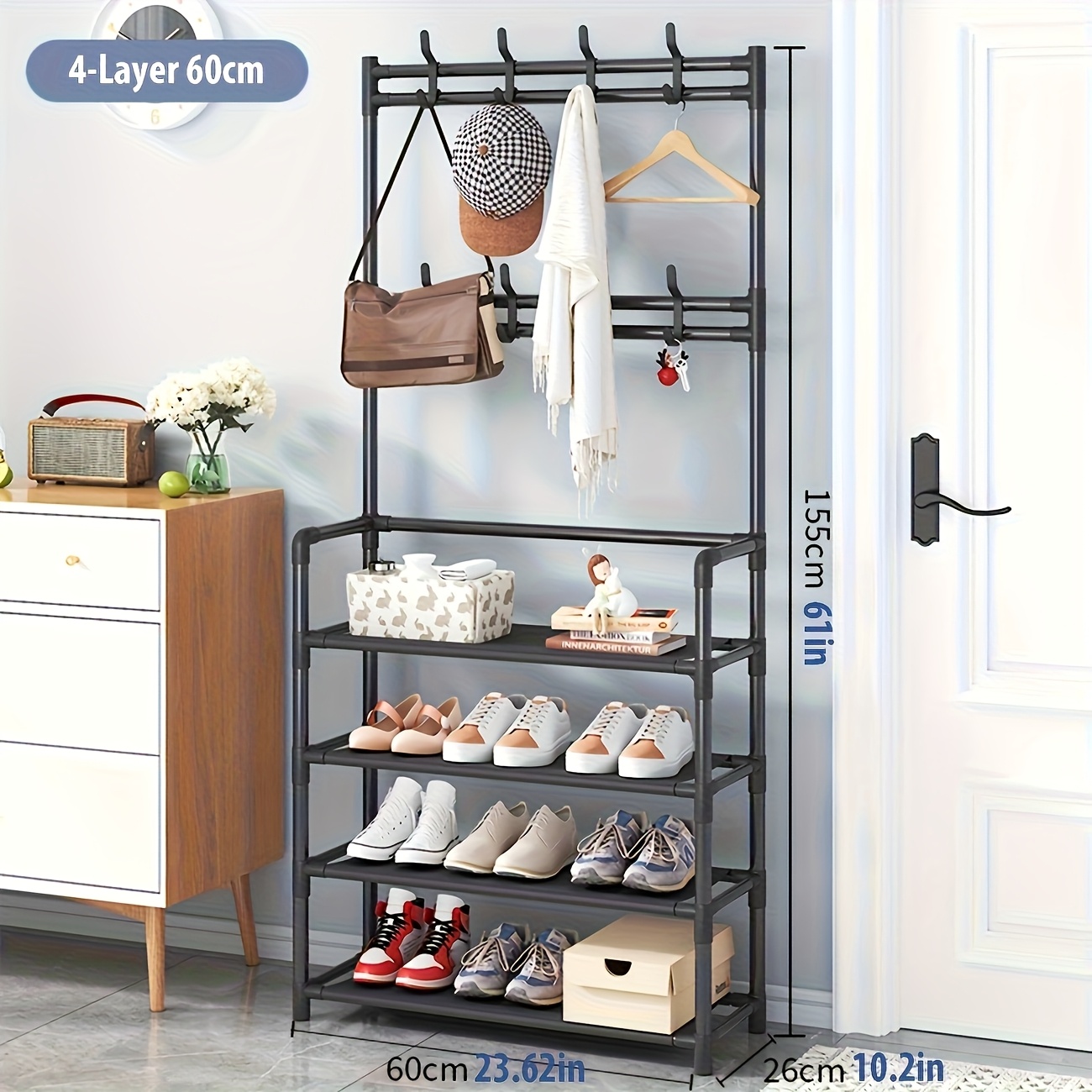Heavy-Duty 5-Tier Metal Shoe Rack with Hooks | Thickened Double-Layer Storage Design, Stable, Durable And Pressure-Resistant | Multifunctional Storage Rack for Entryway/Corridor/Bedroom/Office, Integrated Storage for Shoes, Hats, Bags And Umbrellas