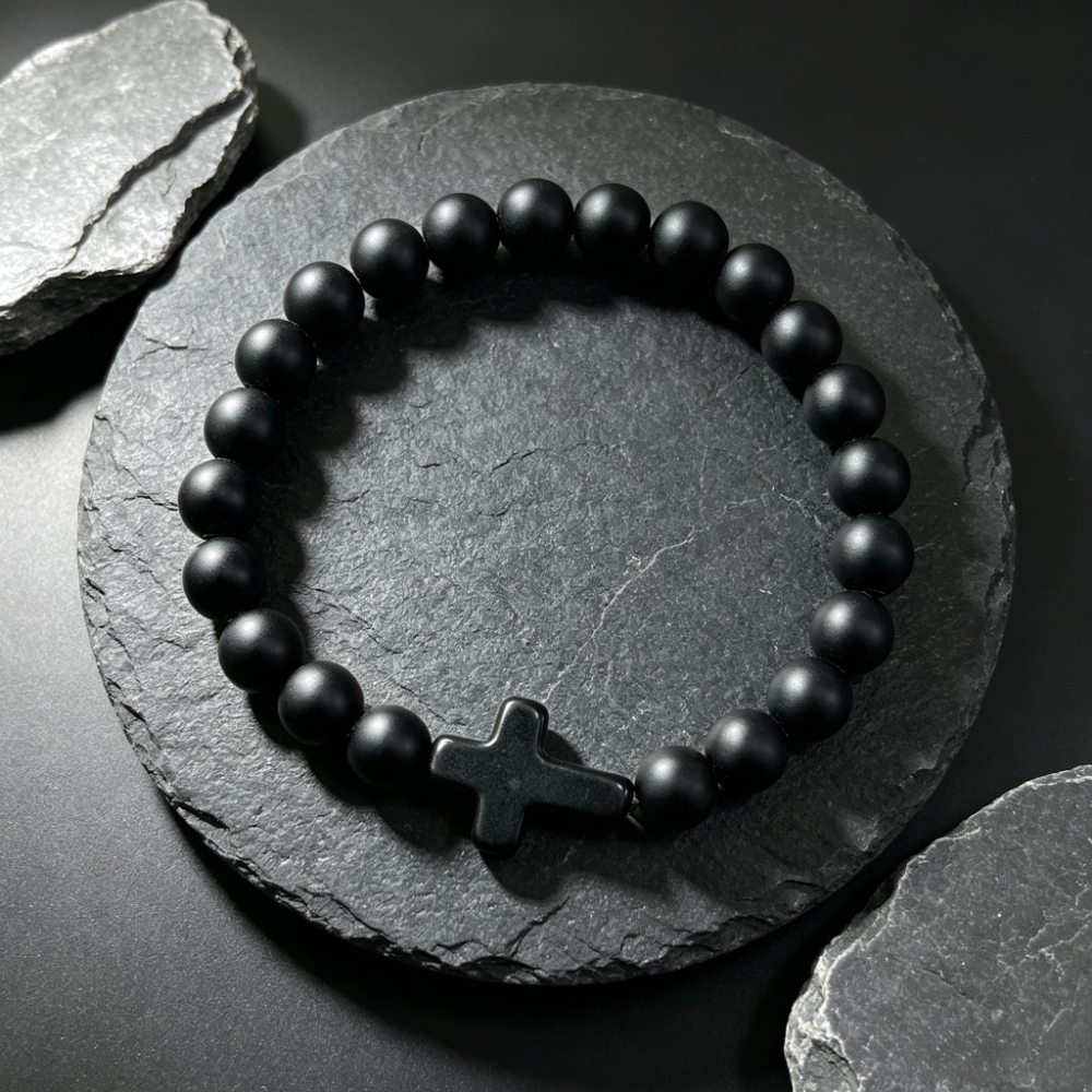 Natural Matte Black Agate Beads Bracelet with Cross Pendant