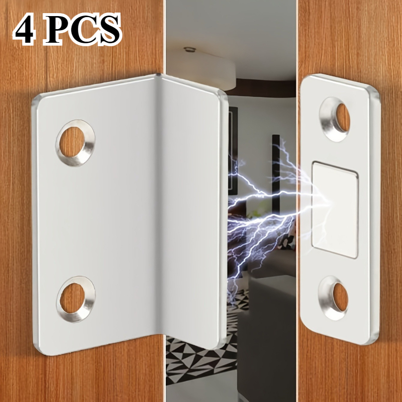 Lot de 4 ferme-portes magnétiques auto-adhésifs robustes pour placard avec 2 plaques magnétiques + 2 butées de porte, sans perçage, pour armoires de cuisine, penderies et portes coulissantes, vis incluses