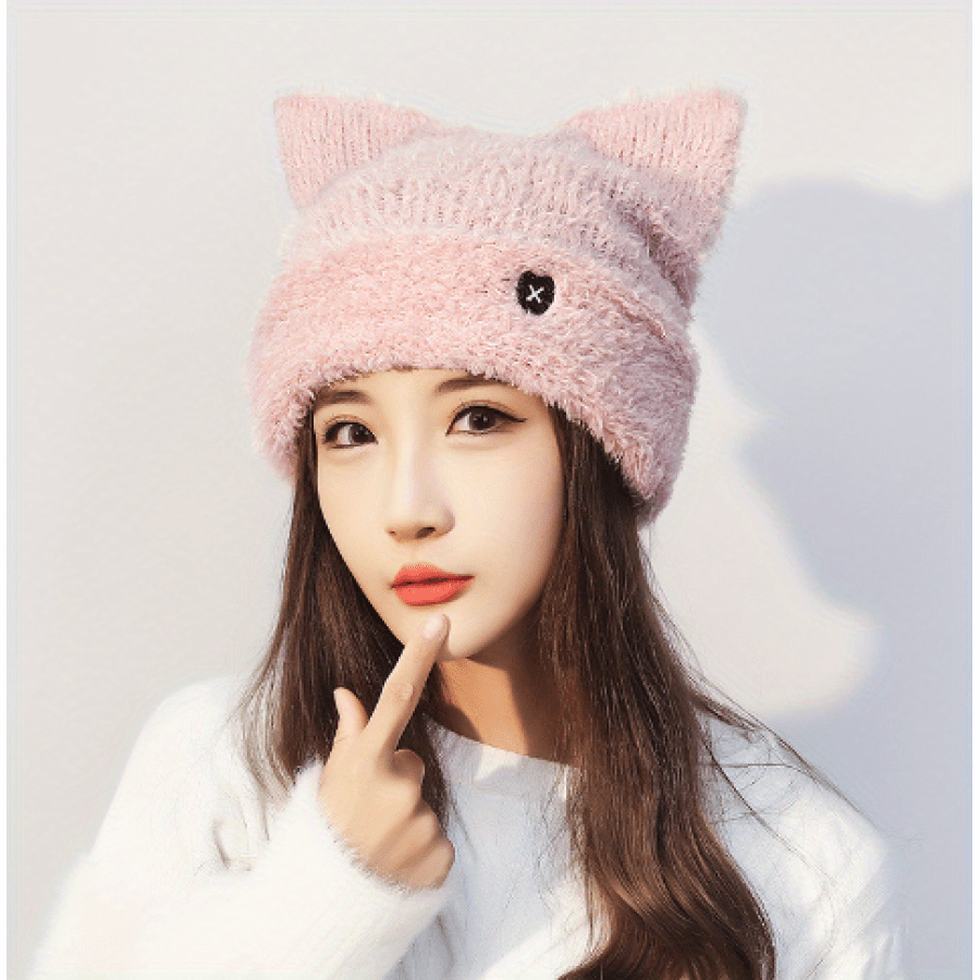 cozy cute pink cat ear beanie women girls - Temu display picture 2