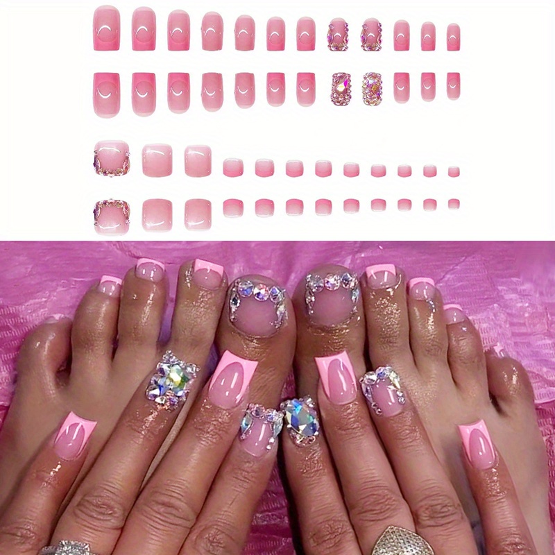 TEMU 48pcs (2 Pack) Handmade Pressing Nail And Toe Nail Set - Pink Square Nails With 3d Rhinestones, Glossy French Pointed Design, Fashionable Nail Kit For Women And S