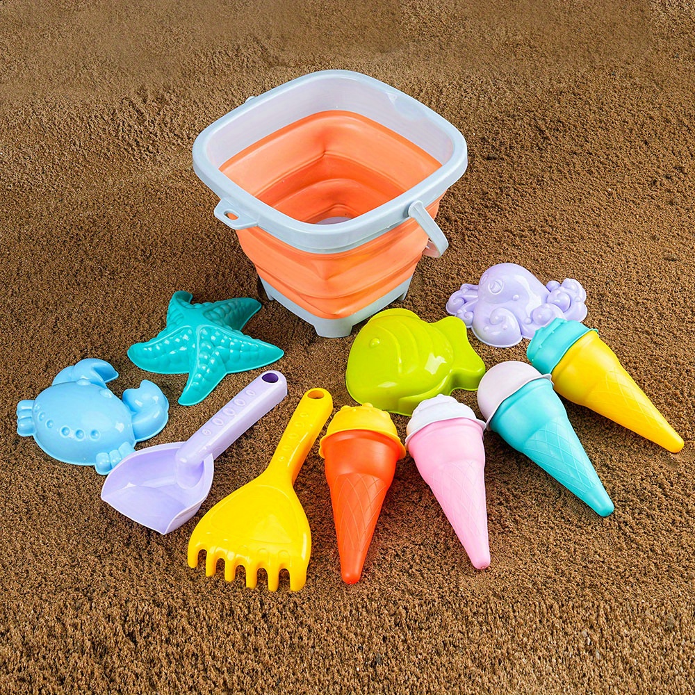 foldable beach toy set for kids girls, foldable sand bucket and
