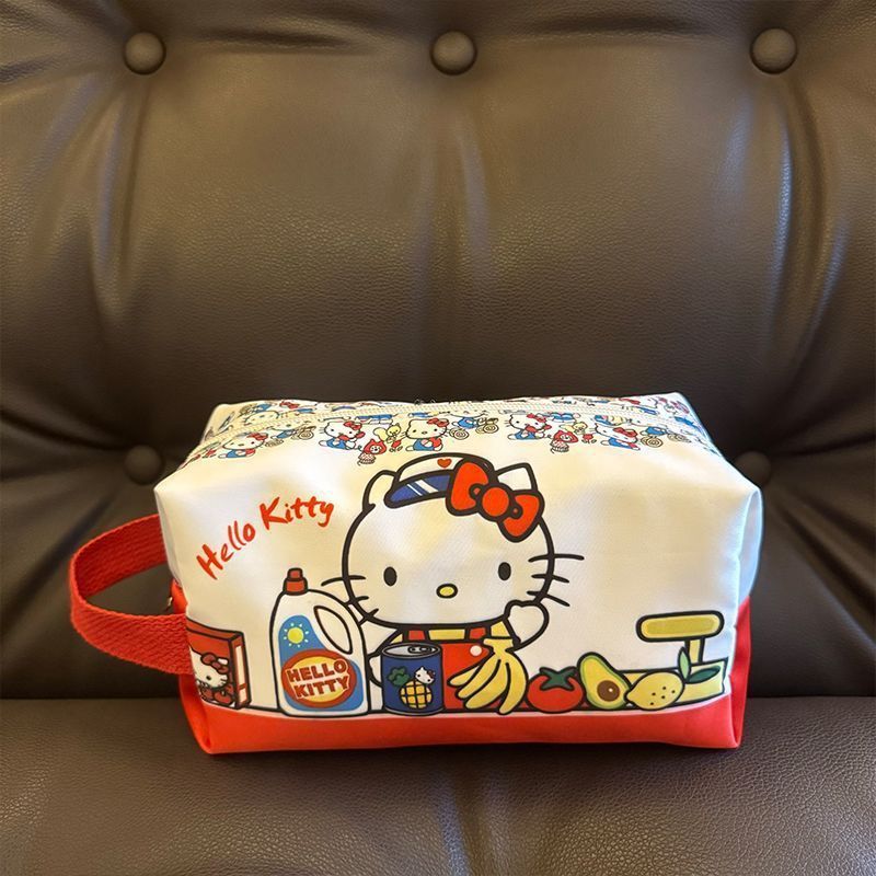 Sanrio Hello Kitty Large Capacity Makeup Bag - Hypoallergenic Nylon, Durable Zipper, White with Red Handle &amp; Blue Accents, Perfect for Cosmetics, Stationery &amp; Gifts, Hello Kitty Makeup Bag