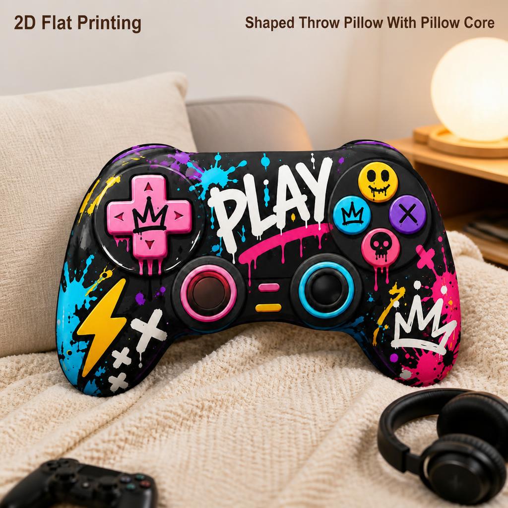 TEMU Coussin décoratif de de jeu, impression 2D à plat, style graffiti néon art pour amateurs de manettes, parfait pour canapé, chambre, salon,
