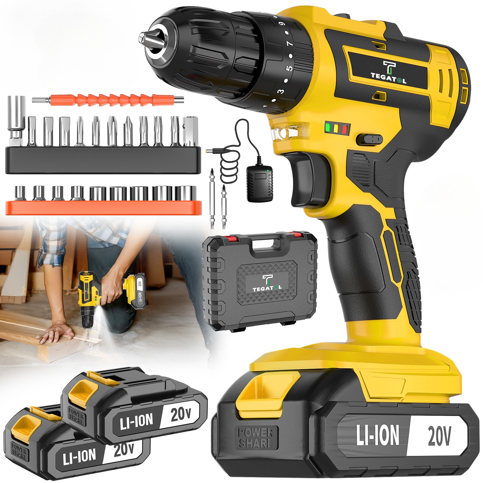 Image of 20v Cordless Drill, Adjustable Speed & Torque Complete Screwdriver Bit Additions, Portable Lightweight For , Wood, Metal & Wall Drilling, Perfect Tool
