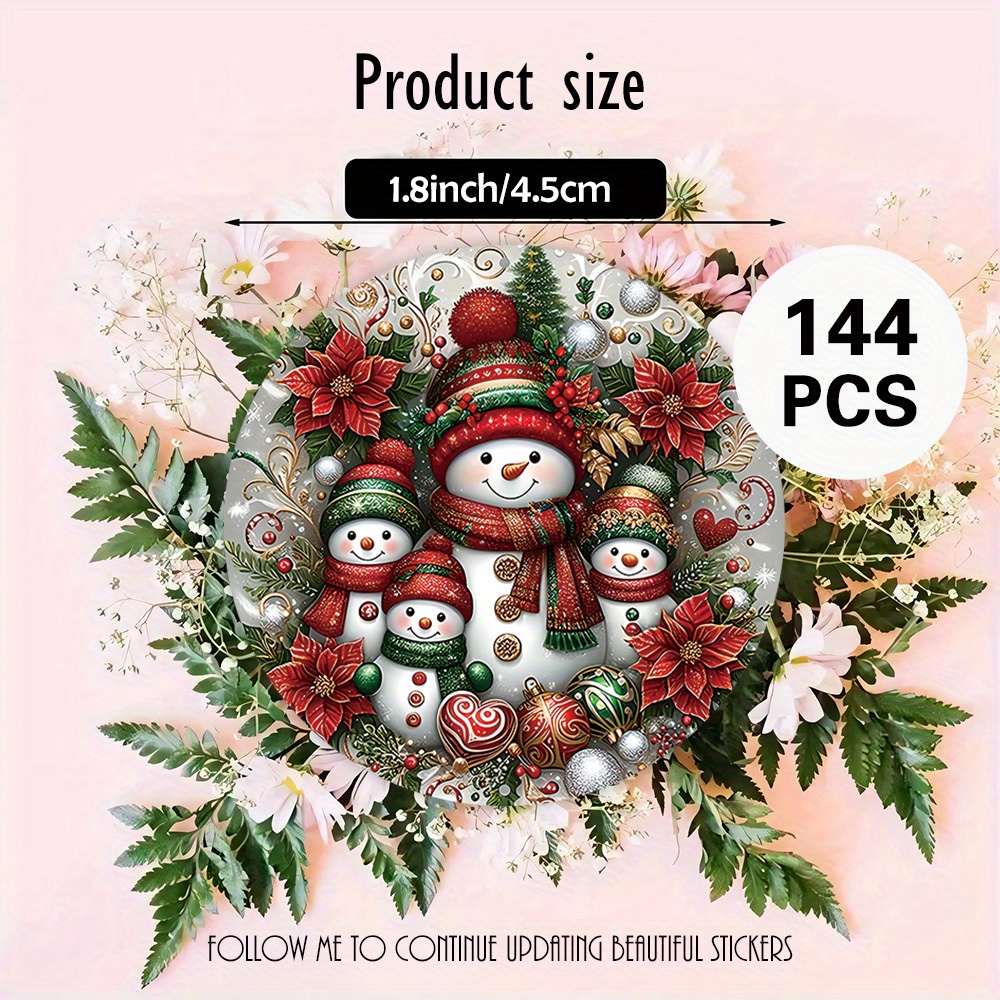 TEMU Ensembles de 48, 96 ou 144 autocollants circulaires présentant une collection de bonhommes de neige, de poinsettias et d'ornements, idéaux pour