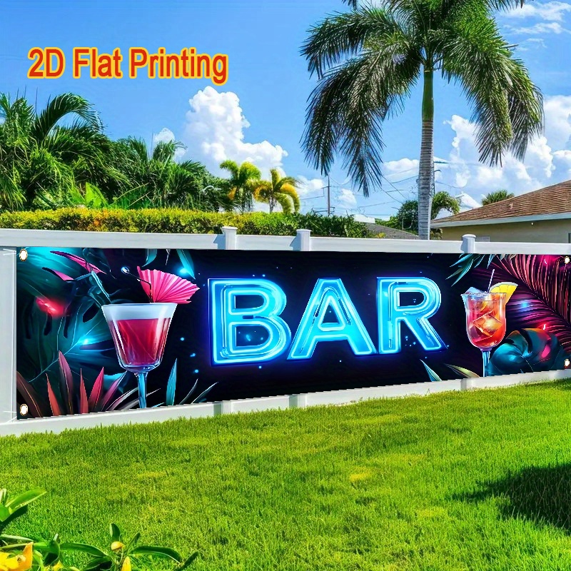 TEMU 2d Flat - 2d Flat - A Single Piece Of 2d Flat Banner Featuring A Vibrant Neon Of A "bar" With A Background Pattern Of Tropical Drinks And Palm