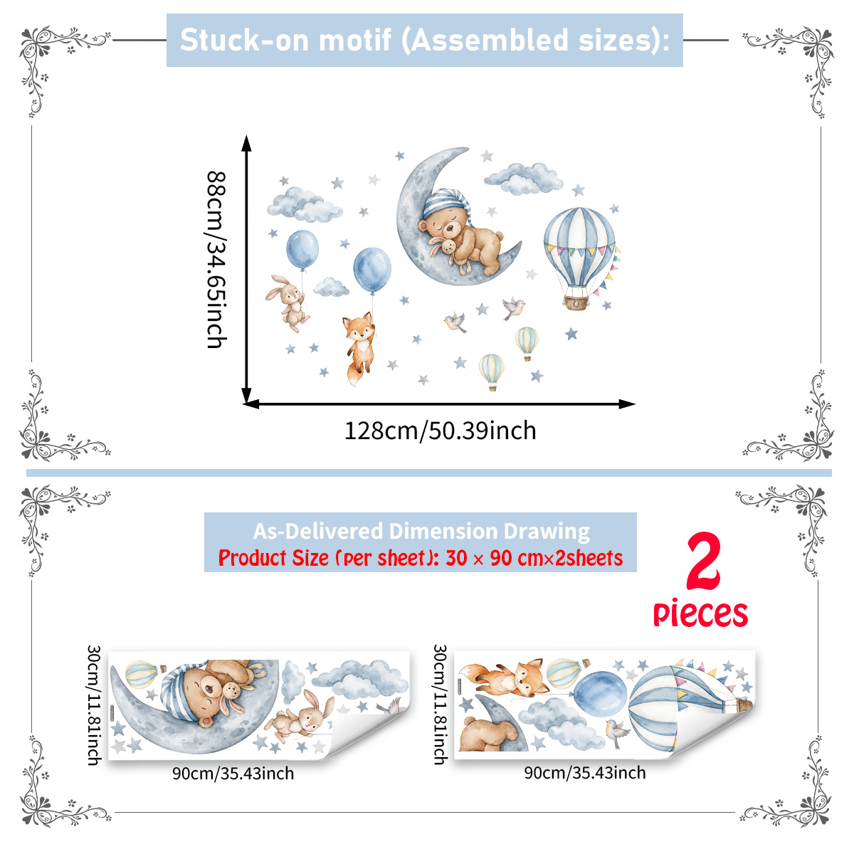 TEMU 1 Set van 2 stuks (30 x 90 cm x 2 stuks) Leuke Bosdieren, , Ballon en Wolk Muurstickers, Muurstickers voor Kamerdecoratie, M22378