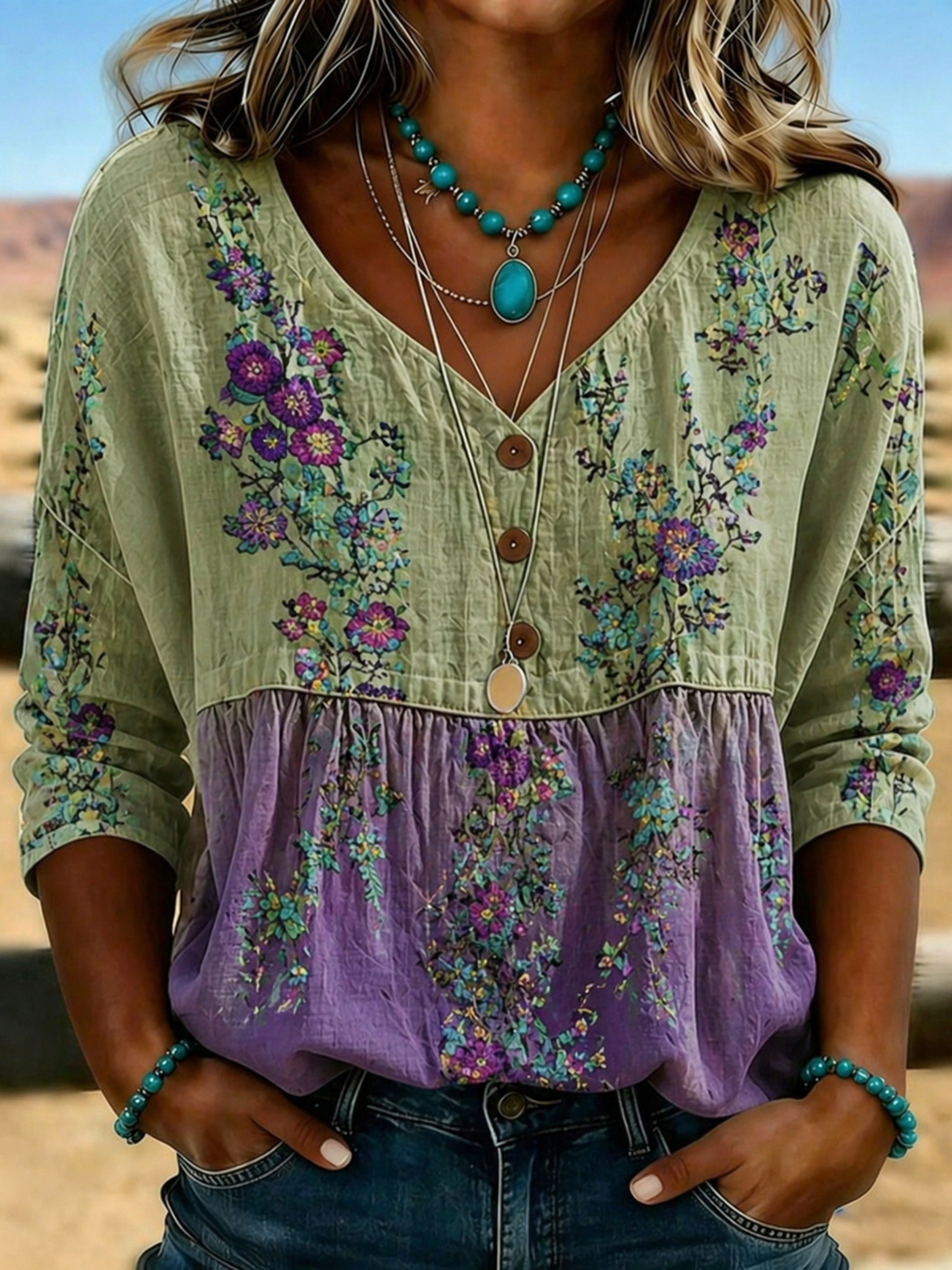 item picture womens green floral v neck button blouse summer casual loose half sleeve boho babydoll top lightweight shirt for   vacation