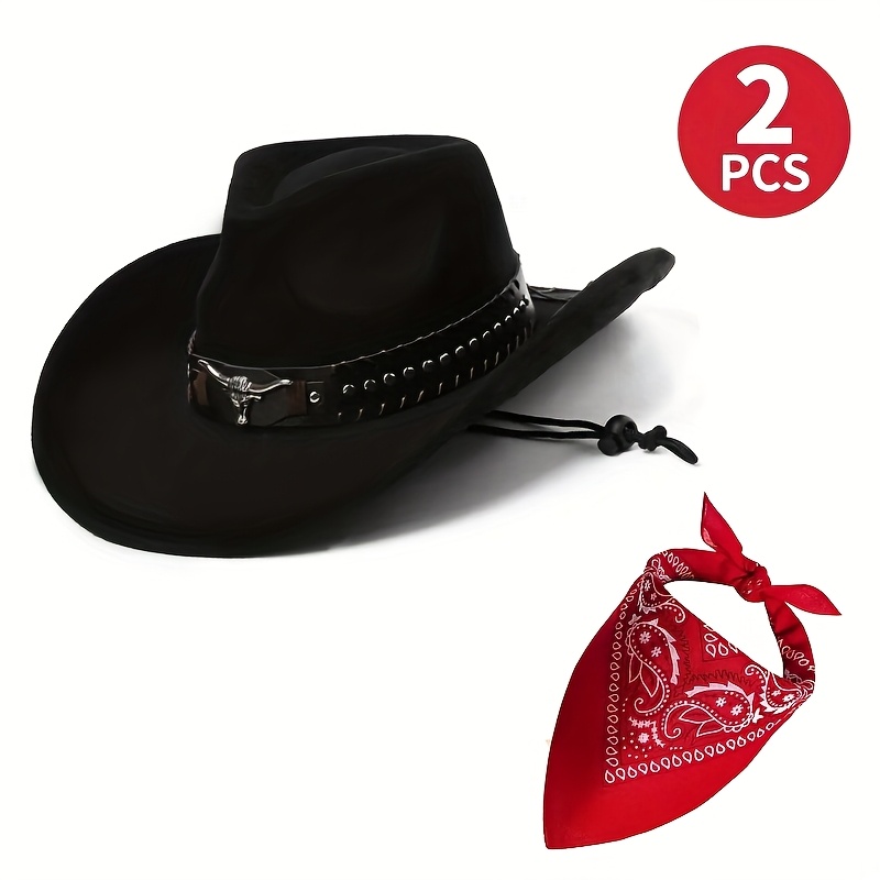 TEMU 2pcs Western Cowboy Hat & Neck Scarf For - Windproof Lightweight Suitable For Outdoor, Birthday Parties, Themed Events, Non-elastic Suitable For