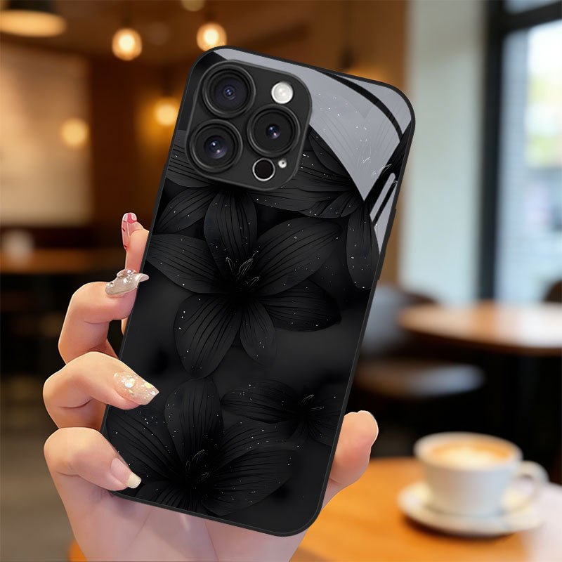 TEMU Phone Case - Black Floral Print Phone Case For Iphone 16/16pro/16promax/16plus/15/15plus/15pro/15promax, 14/14plus/14pro/14promax,