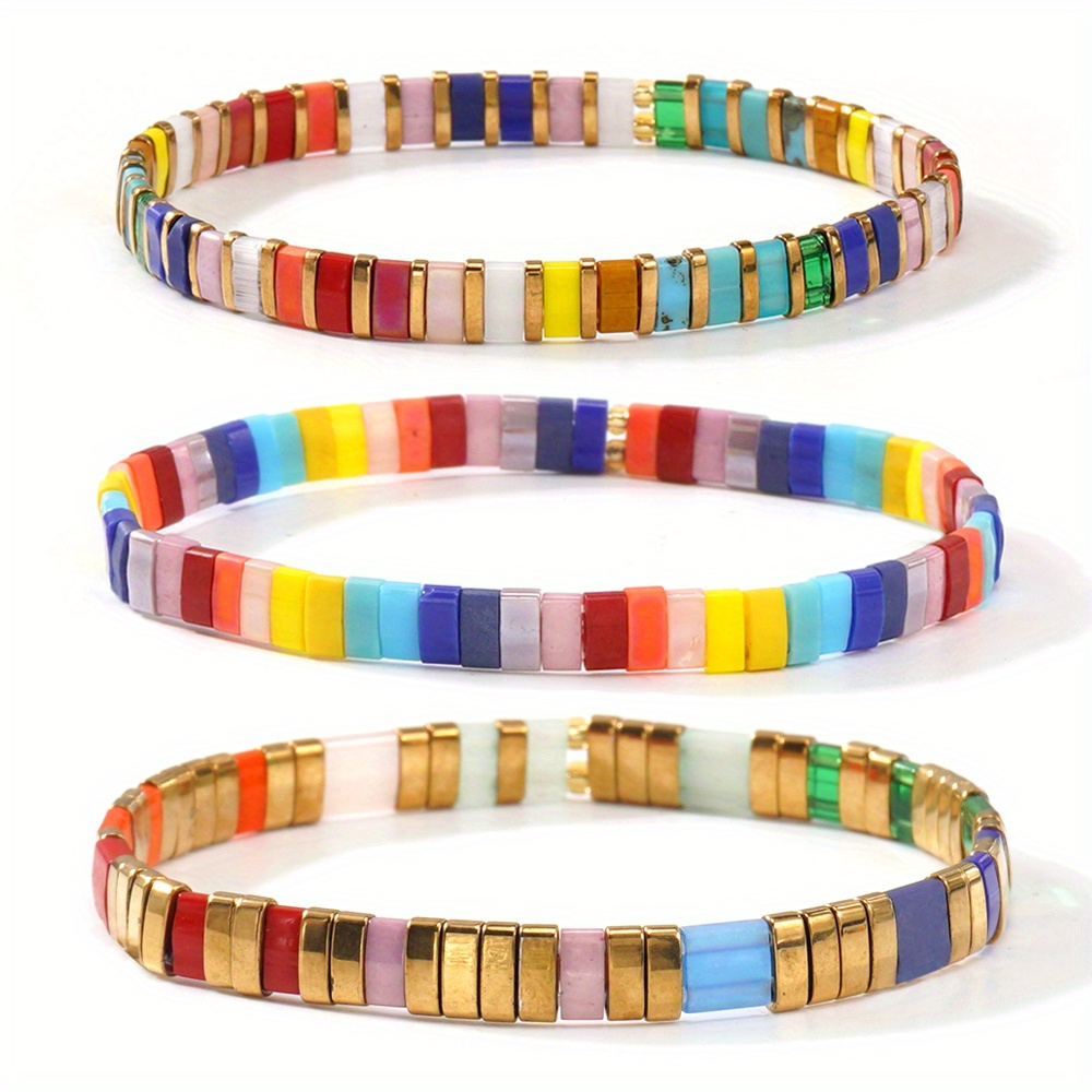 3pcs Bohemian Style Rainbow Glass Tila Bead Bracelet Set, Stackable Women's Bracelets For Summer Accessories - Perfect For