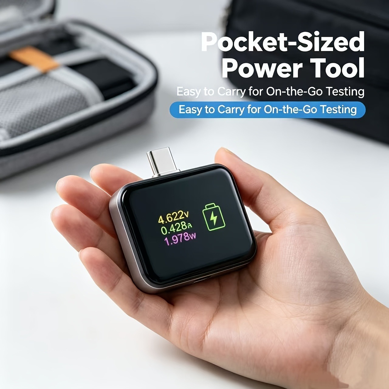 TEMU 1 Pack Analizador de Potencia Digital USB-C Plateado, Probador de Carga Tipo-C Portátil con Pantalla HD, Monitor de Parámetros de Potencia de