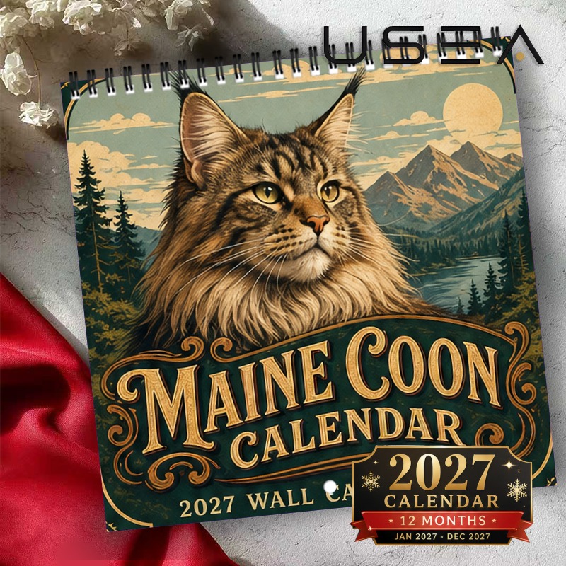 TEMU Calendrier mural 2027 Maine Coon - Grand agenda mural suspendu à reliure spirale double fil métallique avec grille mensuelle, convient pour ,