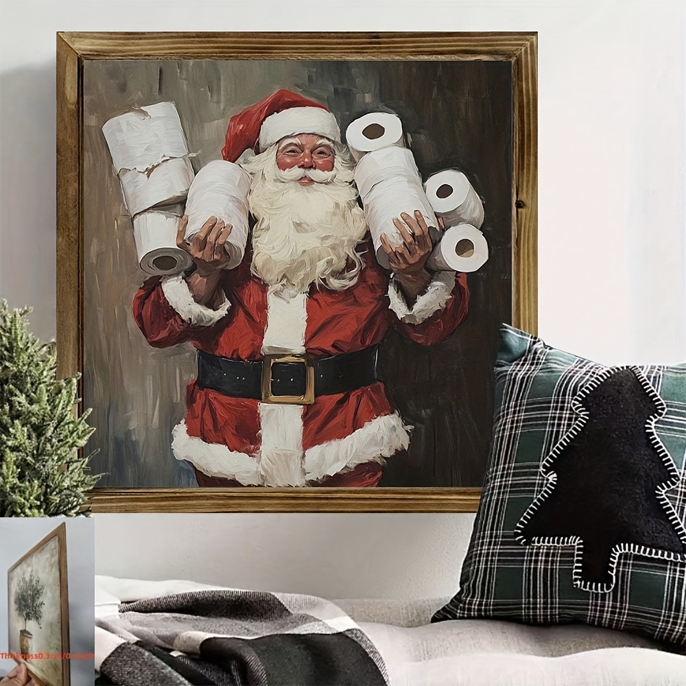 TEMU 2d Flat, 2d Flat 2d , 1pc Santa Claus Bathroom Wooden Decoration - Vintage Wood Hanging Art, Humorous Toilet Paper Christmas Art, No Electricity