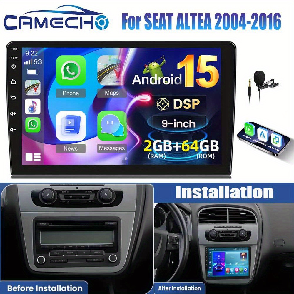 CAMECHO DSP Radio za SEAT ALTEA 2004-2016 (Leva volan) z Brezžičnim Carplay Auto , [2G+64GB] 9-palčni HD IPS Zaslon na Dotik Vgrajen GPS B/B