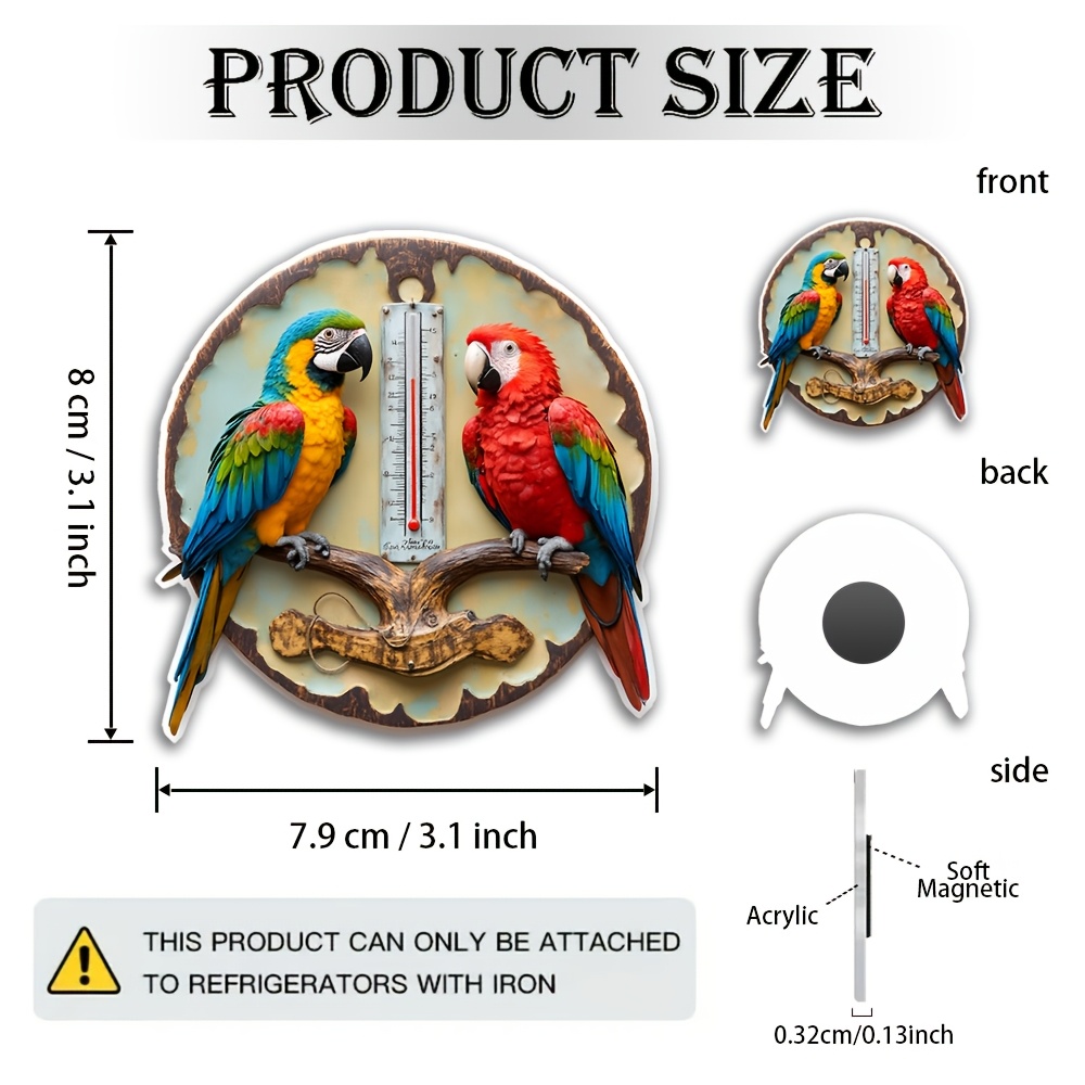 TEMU 2d Flat Acrylic Fridge Magnet, Tropical Parrot Thermometer Artwork - Vibrant Yellow, Red, And - Ideal For , Birdwatchers, And Home Decor