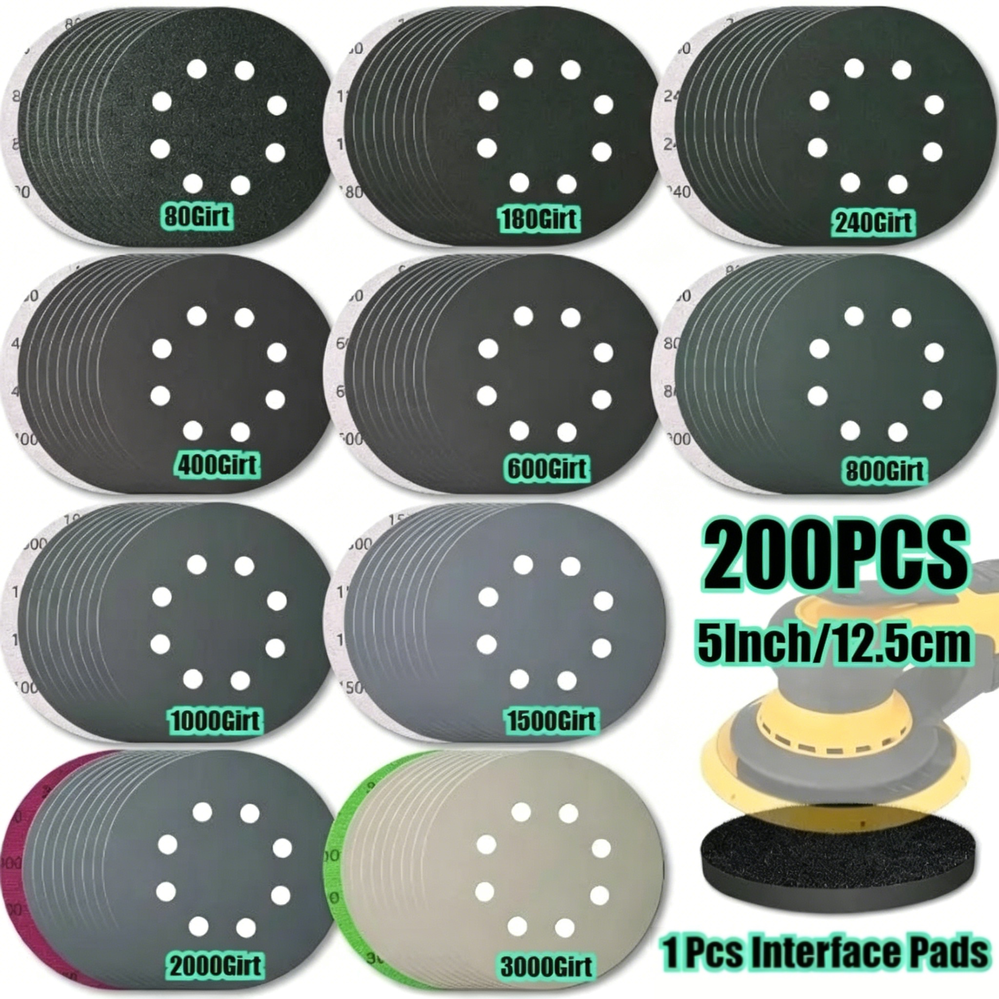 201 Sheets Of 12.7cm 8-hole Sandpaper Discs, 80/18/24/40/60/80/100/15/ Mesh Wet And Dry Sandpaper, With 1 Shaft Pad For Use With Orbital Sanding Machine, Car Wood Metal Polishing