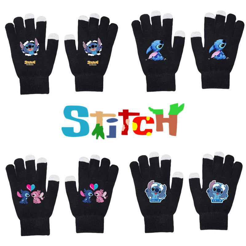 

Stitch Cartoon Print Black Knit Gloves, 100% Polyester Full Finger Warm Touchscreen Compatible For Autumn And Winter