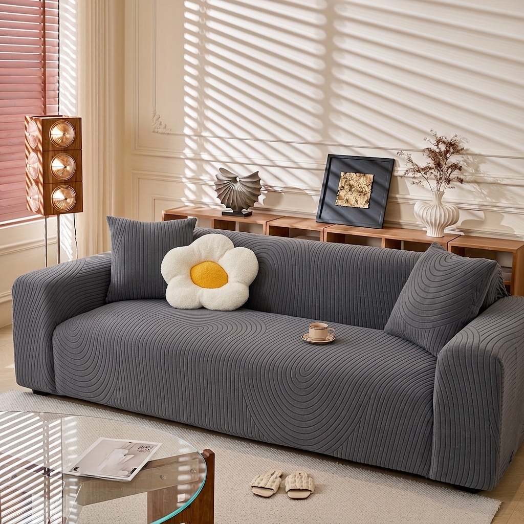 TEMU Easy Arched Ripple Jacquard Sofa Cover, -one Full Coverage Fitted Design, High-elastic Fabric Tightly Wraps Without Shifting, Cat Scratch