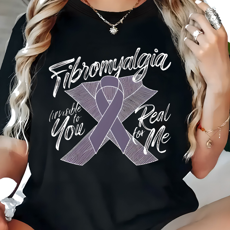 

Women's Plus Size Casual Short Sleeve T-shirt With Fibromyalgia Awareness Print, Polyester Knit Fabric, Crew Neck, Pullover Style, , Perfect Gift