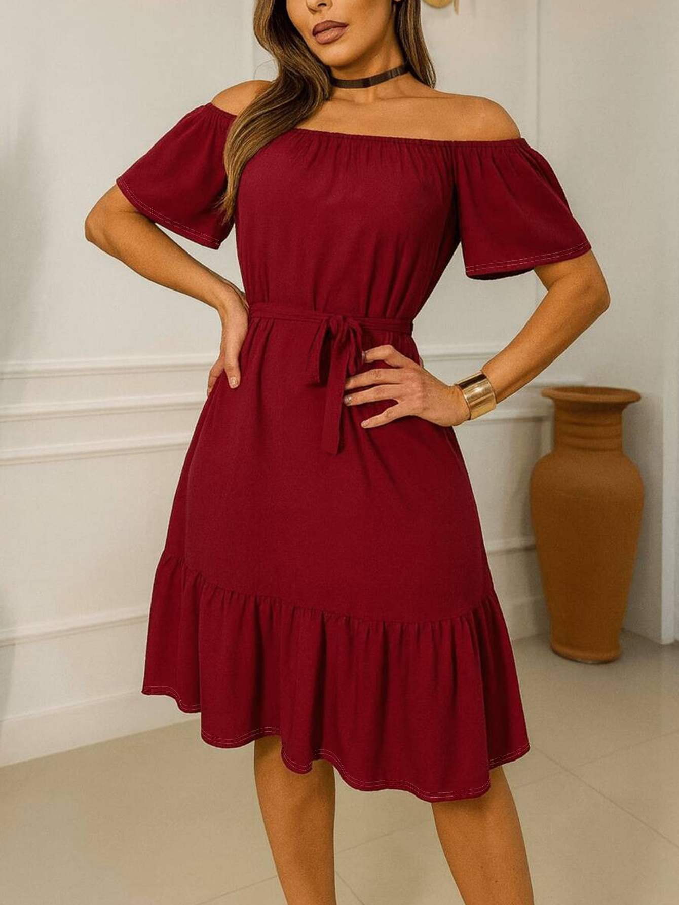 burgundy dress casual sold on Temu United States