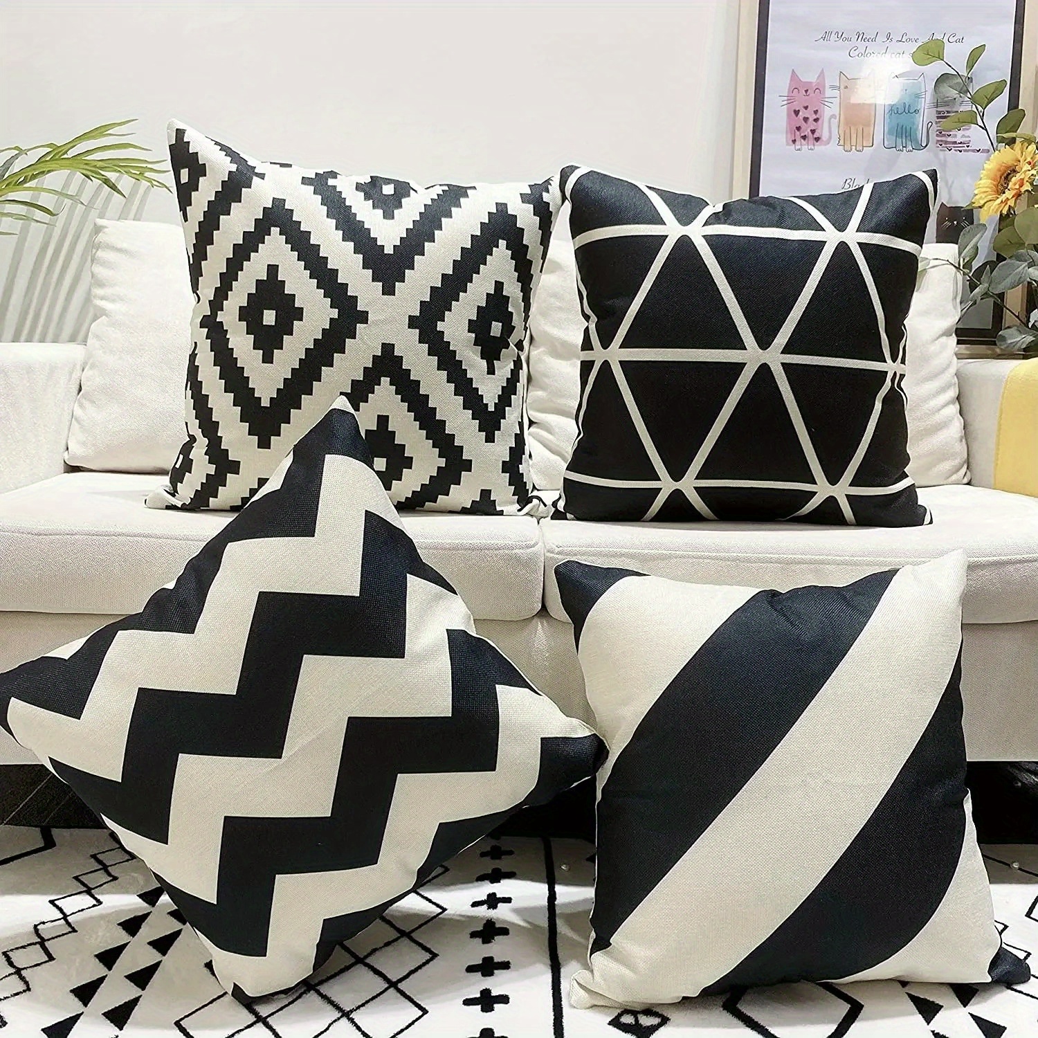 

Vintage Geometric Throw Pillow Covers Set Of 4, Hand Washable Linen Pillowcases With Zipper Closure, Woven Decorative Cushion Covers For Living Room, Bedroom, And Car Interior Decor