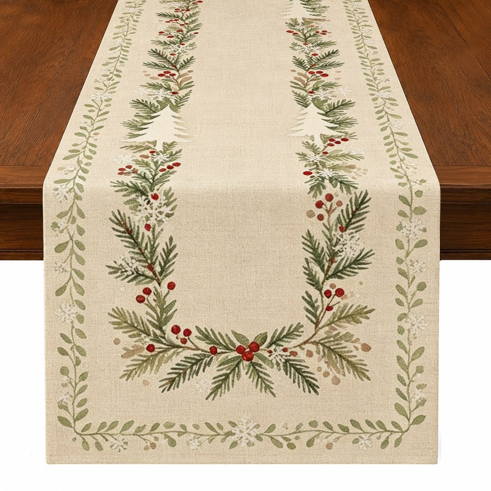 TEMU 2d Retro Christmas Table Runner, Featuring Snowflakes And Pine Branches With Red Berries - Creamy, For Festive Table Decoration 33 X 183cm - 1pc